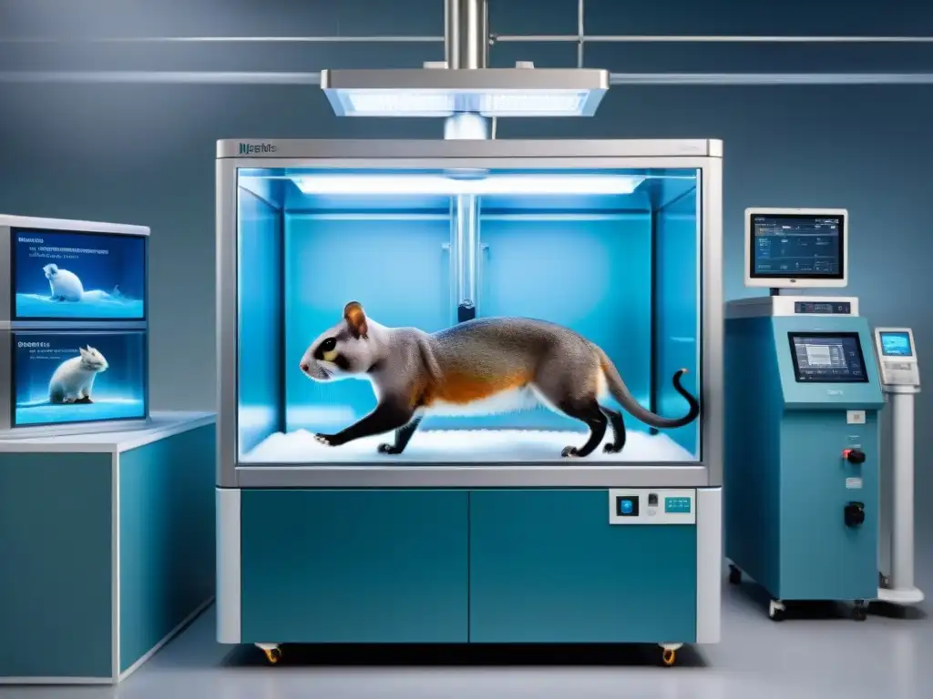 Criopreservación de mascotas exóticas: imagen ultradetallada de una instalación futurista Una instalación de criopreservación avanzada para mascotas exóticas, con tecnología futurista y veterinarios especializados
