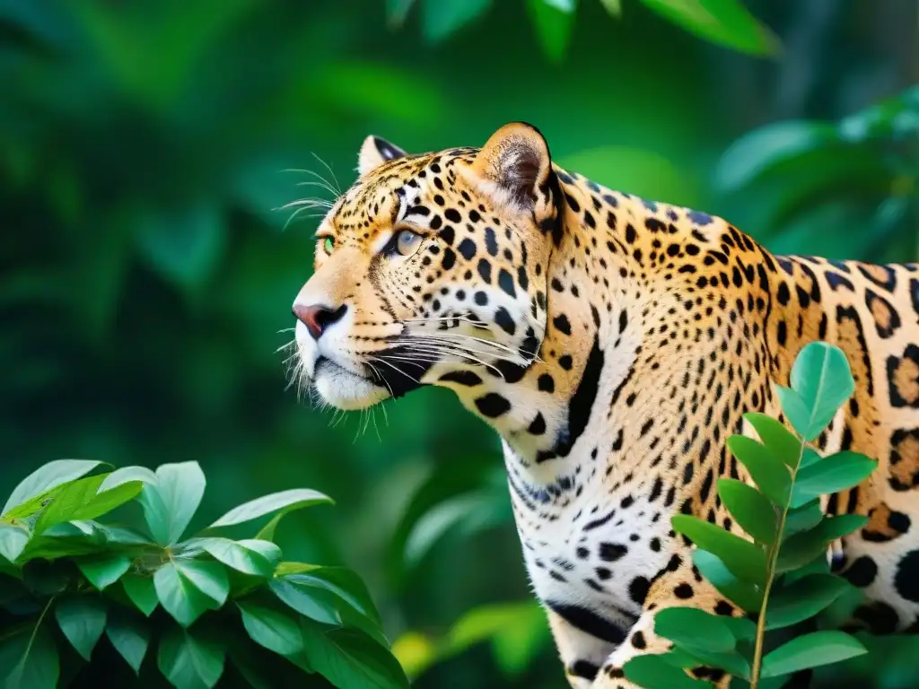 Jaguar acechante en la exuberante selva tropical Jaguar acechando en la exuberante selva tropical, rodeado de aves exóticas