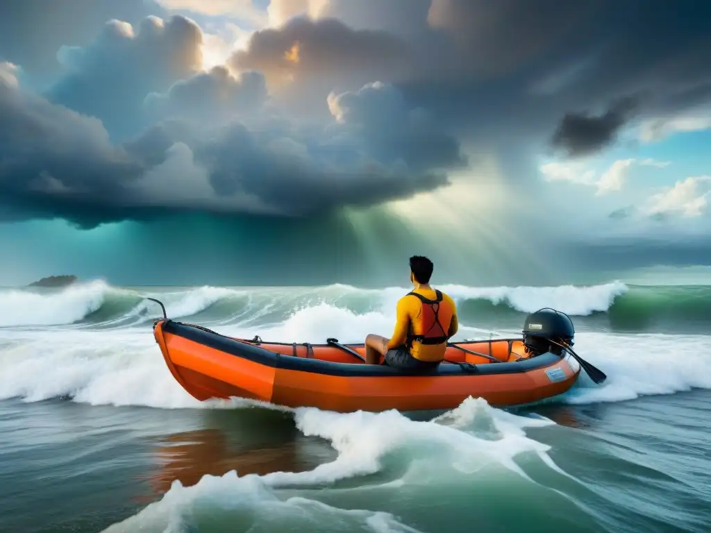 Tranquilidad en la Tormenta: Joven con Tigre en Bote Naranja Joven en bote naranja en mar tormentoso, convive con tigre bajo sol entre nubes