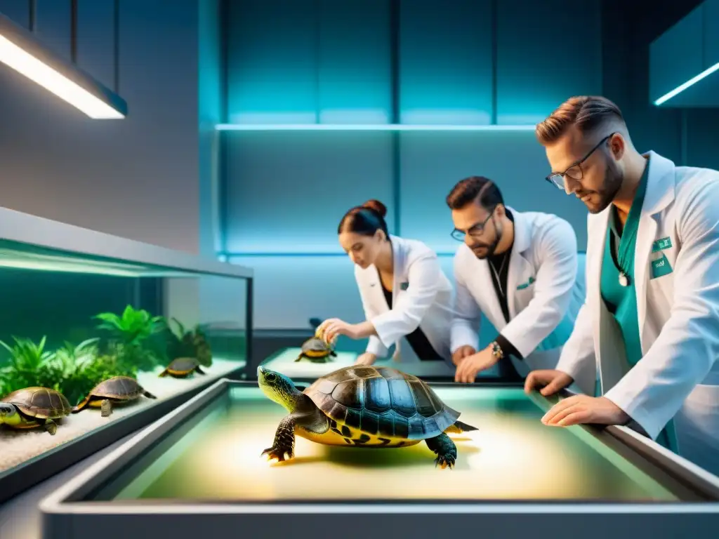 Avanzado laboratorio futurista: científicos cuidan tortugas biónicas Un laboratorio futurista con científicos cuidando tortugas biónicas exóticas