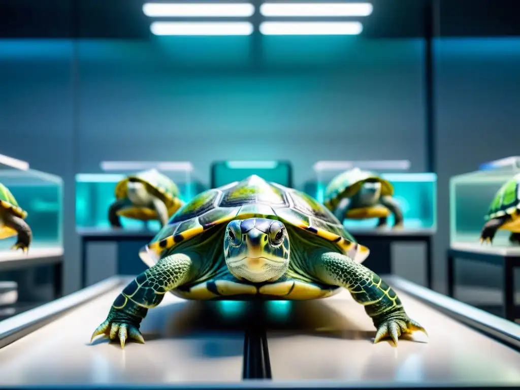 Laboratorio futurista para tortugas biónicas: cuidado avanzado Un laboratorio futurista y detallado para el cuidado de tortugas biónicas exóticas