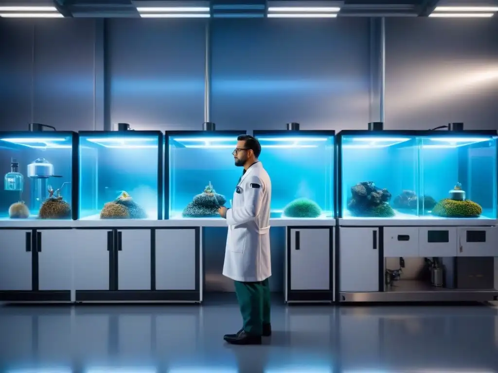 Laboratorio futurista de criopreservación para mascotas exóticas Un laboratorio futurista con equipos de criopreservación para mascotas exóticas, científicos monitoreando experimentos