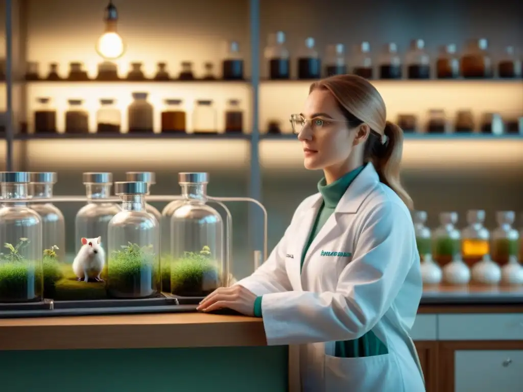 Estudio de homeopatía en roedores: detalle y serenidad Un laboratorio sereno con roedores saludables en jaulas, científico observando