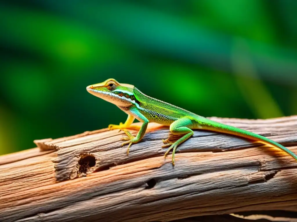 Un lagarto anolis verde sobre madera con textura, iluminado, detallado y cuidado