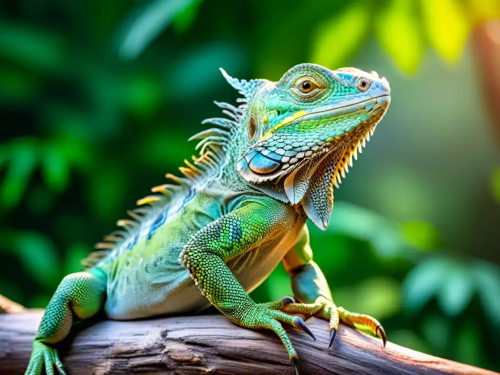 Detalle realista de iguana verde en hábitat tropical Un lagarto verde exótico reposa en una rama entre la exuberante vegetación, mostrando sus detalladas escamas bajo la luz del sol