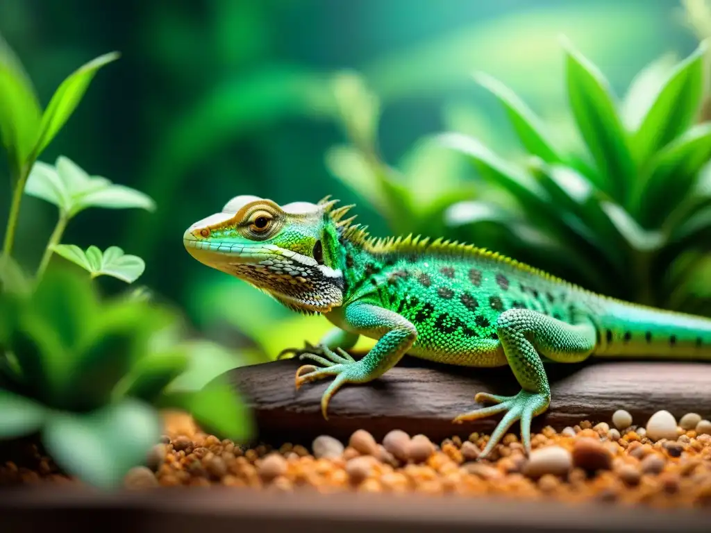 Un lagarto verde vibrante disfruta del calor bajo una lámpara en un terrario exuberante