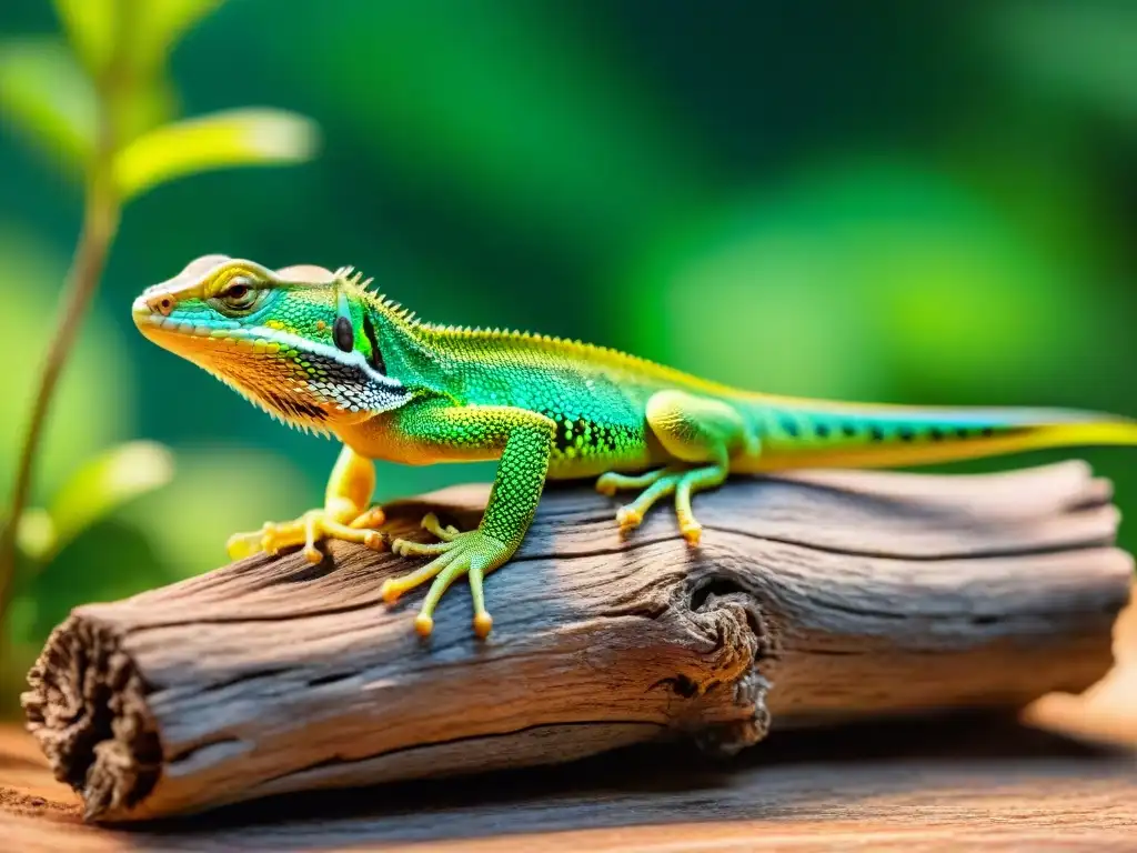 Un lagarto vibrante descansa bajo la lámpara de calor en un terrario exuberante