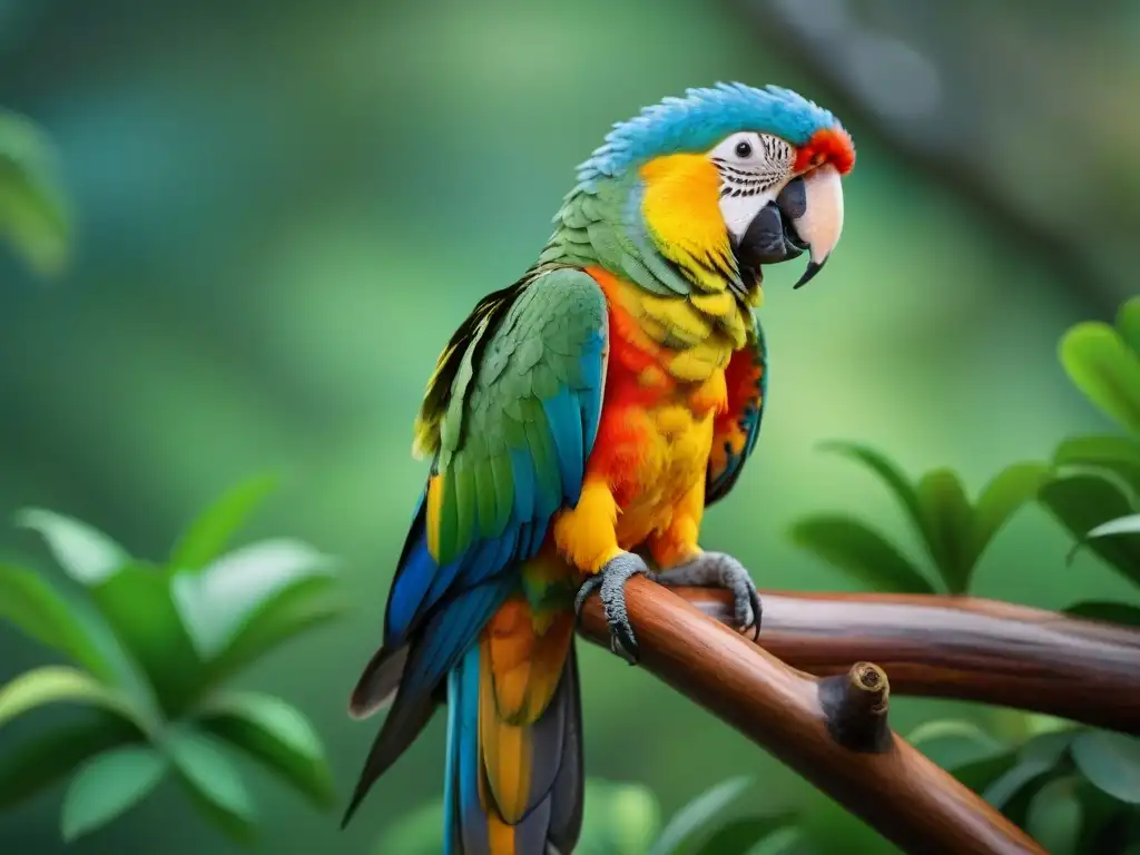 Parrot triste en la selva: señales de estrés y depresión Un lorito vibrante en la rama, con plumaje colorido y mirada triste