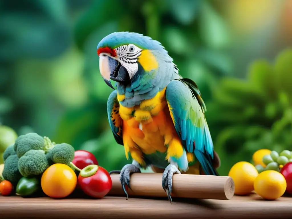 Sabiduría y nutrición para exóticas ancianas Un loro anciano y majestuoso en una rama con frutas y verduras, simbolizando la prevención de enfermedades en mascotas exóticas ancianas