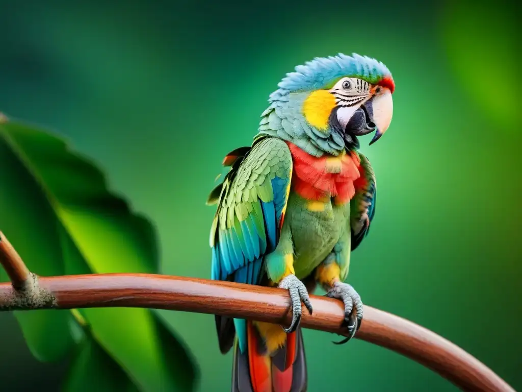 Parrot estresado: ilustración detallada y realista Un loro colorido en rama, plumaje alborotado y postura caída, refleja signos de estrés en loros