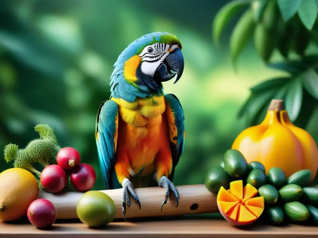 Parrot vibrante entre frutas exóticas: salud y vitalidad Un loro colorido en una rama rodeado de frutas exóticas