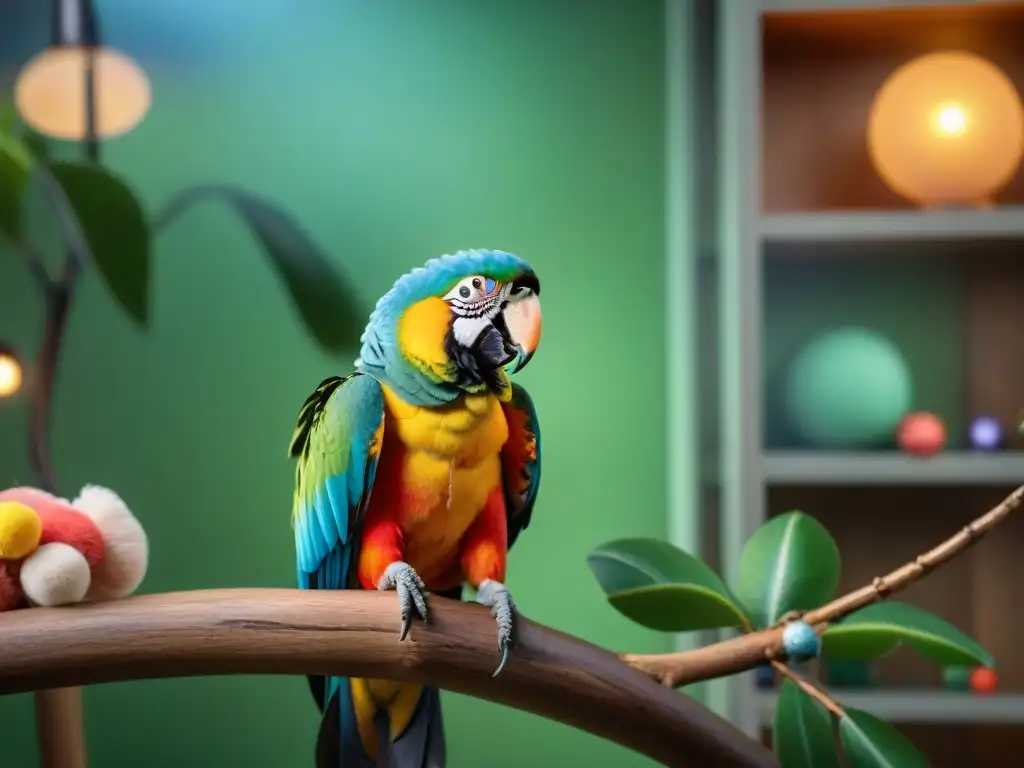 Parrot estresado en jaula: ilustración realista Un loro colorido muestra signos de estrés en una habitación desordenada