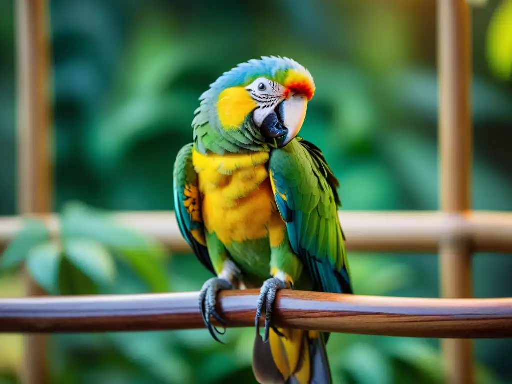Retrato detallado de loro exótico descansando en aviario soleado Un loro exótico anciano descansa en su pajarera iluminada por el sol, prevención enfermedades mascotas exóticas ancianas