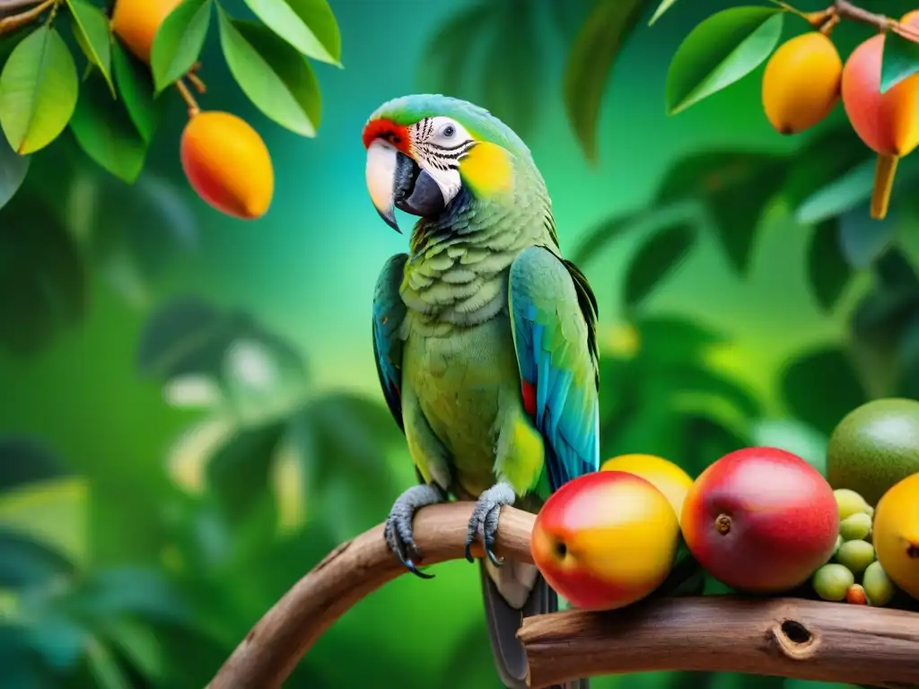 Parrot exótico y frutas tropicales: una obra maestra vibrante Un loro exótico posado en una rama rodeado de frutas tropicales
