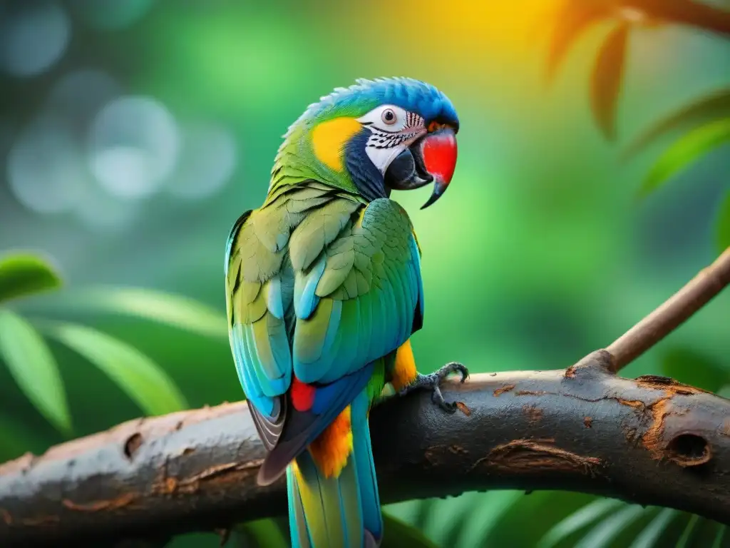 Un loro exótico en una selva vibrante, con plumaje detallado y ojos brillantes