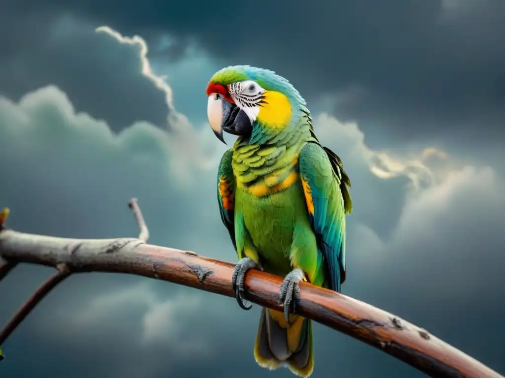 Parrot deprimido en tormenta: retrato realista impactante Loro verde con signos de estrés en rama bajo tormenta