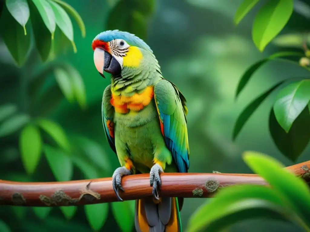 Melancolía en la selva: retrato realista de un loro verde en introspección Un loro verde vibrante con signos de estrés, en la selva tropical