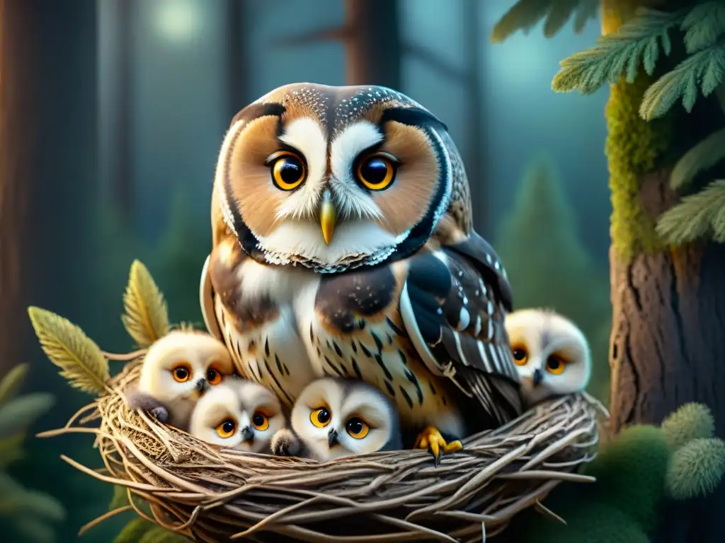 Madre búho protege a sus crías bajo la luna Una madre búho vigila su nido de crías, todas juntas, acurrucadas bajo la luz de la luna en el denso bosque