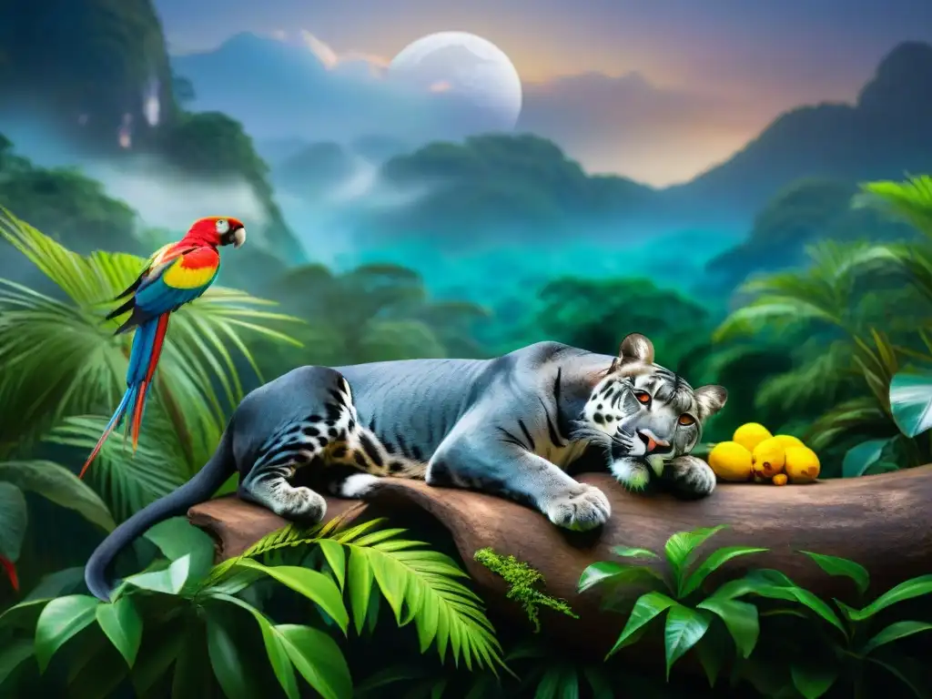 Jungla nocturna: pantera y animales exóticos dormidos bajo las estrellas En la mágica selva nocturna, animales exóticos duermen en armonía bajo las estrellas