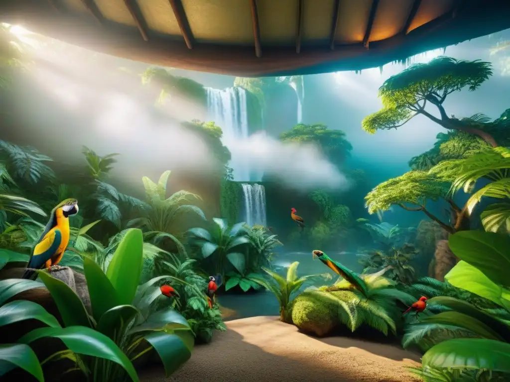 Exótica armonía: detallada imagen de mascotas en la jungla Un mágico escenario en la jungla con coloridos animales exóticos conviviendo en armonía