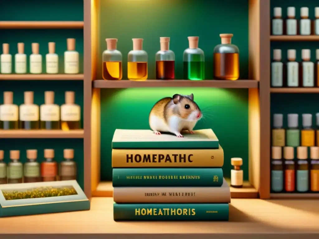 Acogedor rincón homeopático: hamster curioso lee guía para roedores Un rincón mágico con estanterías de frascos de remedios homeopáticos, un hámster leyendo la 'Guía de homeopatía para roedores'