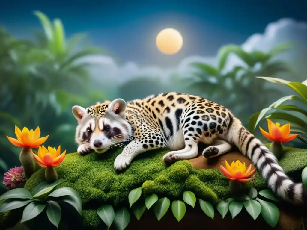 Serenidad nocturna: exóticos animales durmiendo bajo la luna llena Un mágico hábitat nocturno con mascotas exóticas durmiendo en la luz de la luna