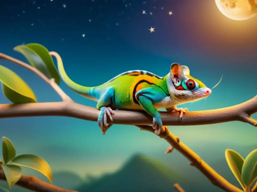 Menagería nocturna: exótica serenidad con animales únicos en reposo Un mágico y sereno zoológico nocturno con animales exóticos en paz, destacando trastornos del sueño en mascotas exóticas