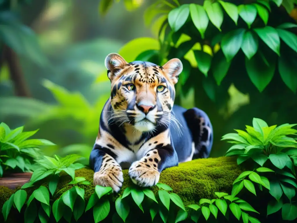 Pantera salvaje: elegancia en la jungla Una majestuosa pantera descansa entre exuberante vegetación, su pelaje brillante bajo la luz del sol