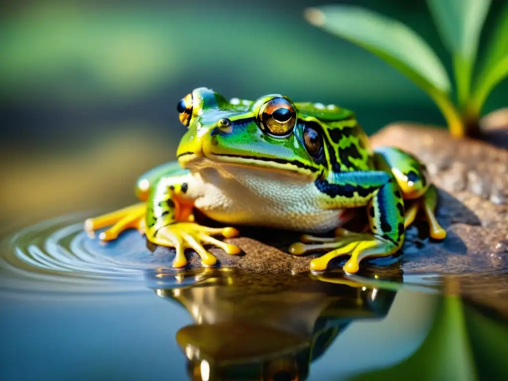 Imagen realista de un bullfrog verde en su hábitat natural Majestuosa rana toro verde junto a estanque, reflejando la exuberante naturaleza