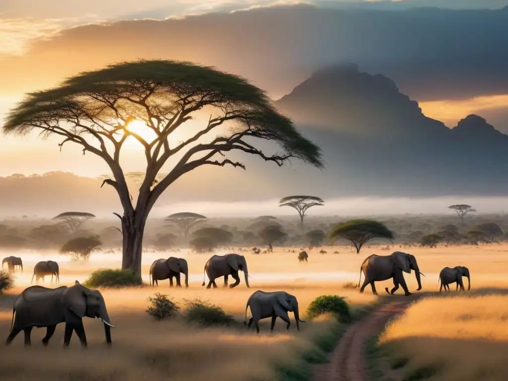 Magia africana: fauna exótica en la sabana al atardecer Una majestuosa sabana africana al anochecer, con elefantes, jirafas, cebras y leones en un paisaje dorado
