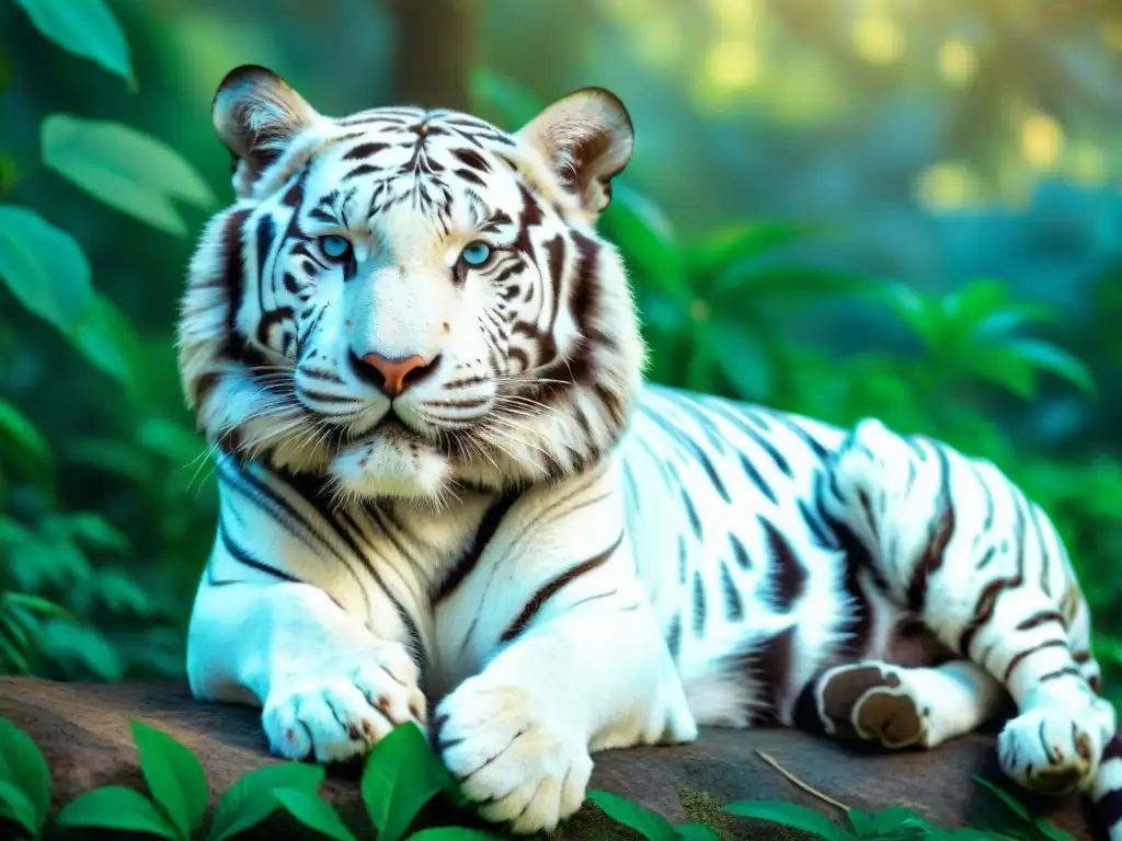 Esencia felina: Tigre de Bengala blanco en la jungla Una majestuosa tigresa blanca descansa en la exuberante jungla, con ojos azules y rayas negras brillantes