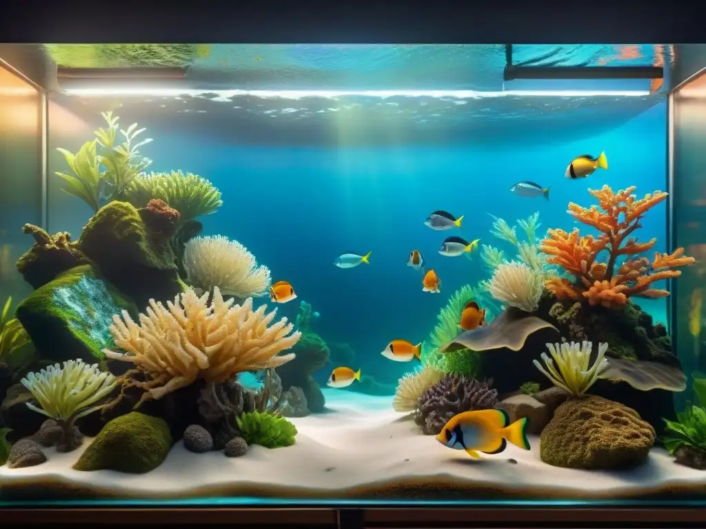 Acuario tropical vibrante con peces exóticos en escena detallada Un majestuoso acuario tropical lleno de peces exóticos bajo la luz LED, muestra una filtración avanzada