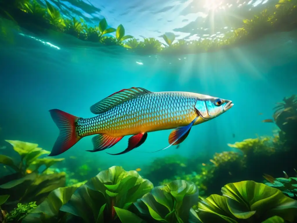 Esplendor acuático: Arowana Azul Eléctrico en el Amazonas Un majestuoso Arowana Eléctrica Azul nada entre plantas acuáticas en el Amazonas