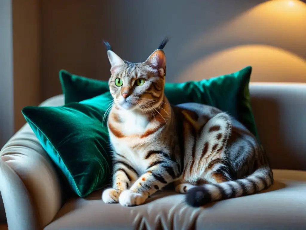 Majestuoso felino exótico descansando en lujoso salón Un majestuoso felino exótico descansa en un cojín de terciopelo, irradiando serenidad regia