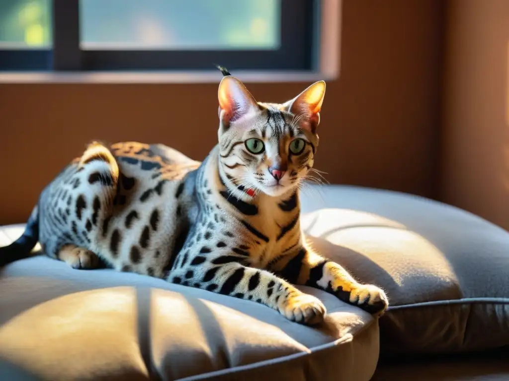 Retrato realista de gato sabana: elegancia exótica en terciopelo Un majestuoso gato Savannah descansa en un cojín de terciopelo bajo la luz del sol