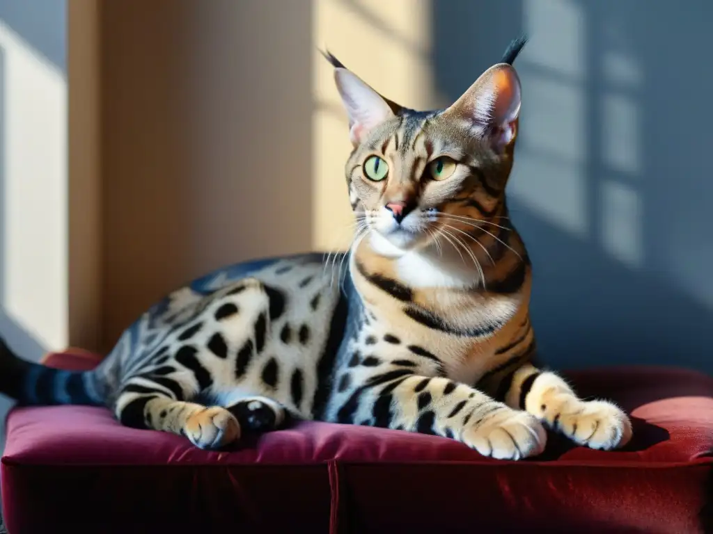 Retrato detallado de gato savannah: elegancia felina en terciopelo Un majestuoso gato Savannah reposa con elegancia en un cojín de terciopelo, sus patrones de pelaje brillan bajo la luz del sol