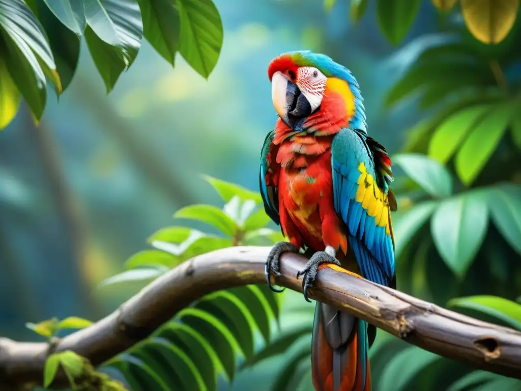 Macaw vibrante en la selva: plumaje colorido y detallado Un majestuoso guacamayo colorido en una rama, con plumas vibrantes y ojos atentos en la selva tropical