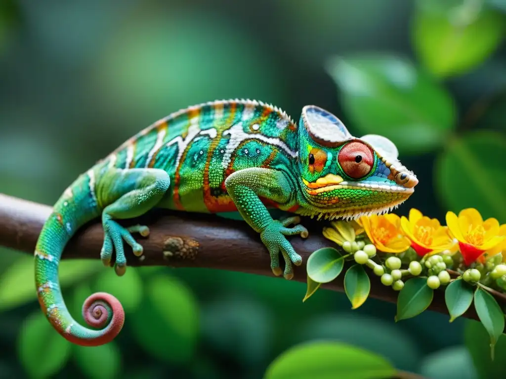 Chamaleón en Selva Tropical: Detalles Vibrantes Un camaleón majestuoso en su hábitat natural, en una exuberante selva tropical