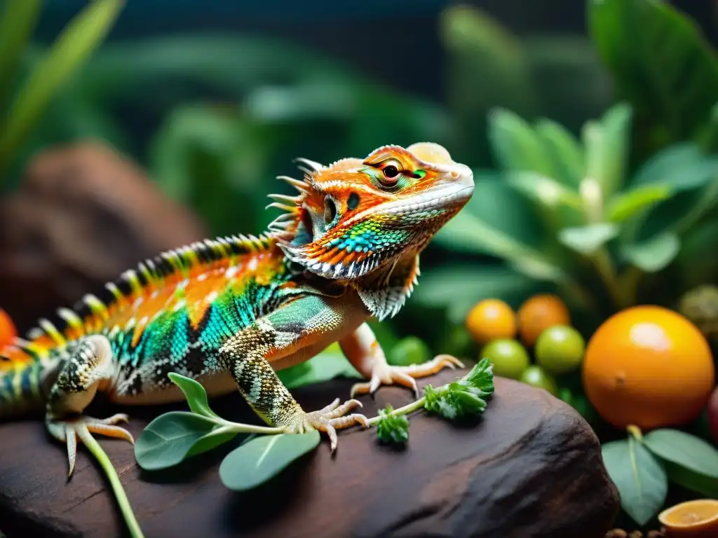 Bearded Dragon feliz y bien alimentado en su hábitat natural Un majestuoso dragón barbudo en su hábitat natural, rodeado de alimentos premium