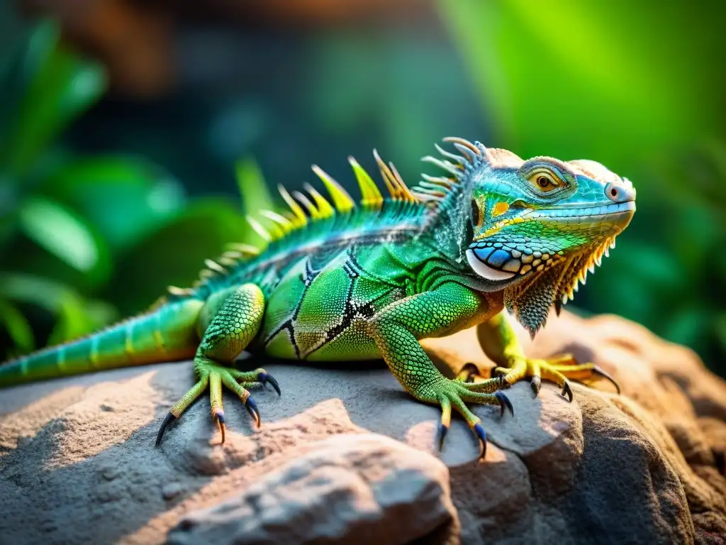 Majestuosa iguana verde disfrutando del calor Un majestuoso lagarto verde descansando bajo una lámpara de calor en un terreno rocoso, destacando sus detalles y ojos hipnóticos