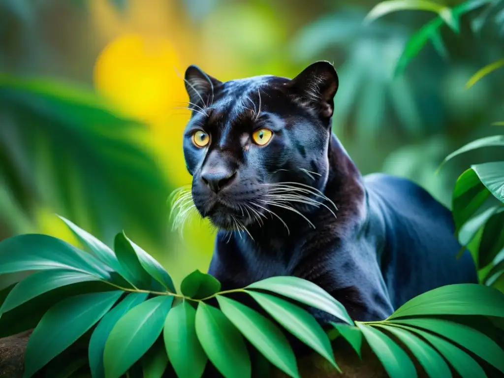 Pantera negra en la jungla: fuerza y misterio Un majestuoso leopardo negro descansa en la exuberante jungla, su pelaje detallado y sus ojos dorados irradian misterio y fortaleza