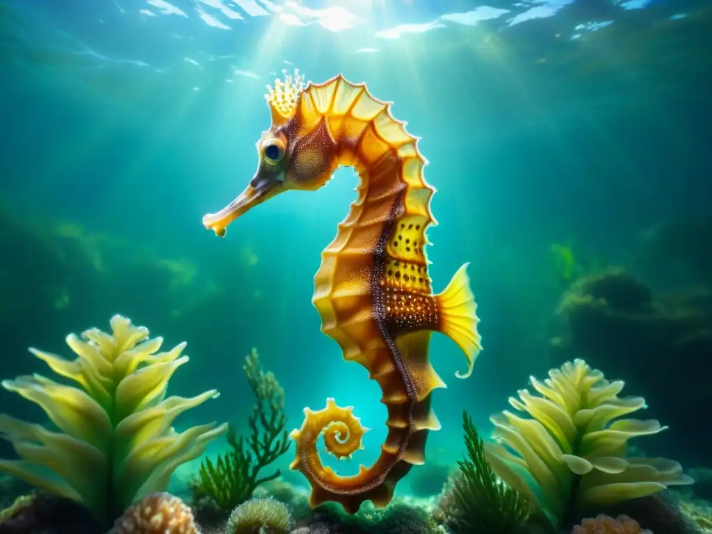 Majestuoso parto en mascotas exóticas asistencia de una caballito de mar rodeado de criaturas marinas y plantas acuáticas vibrantes