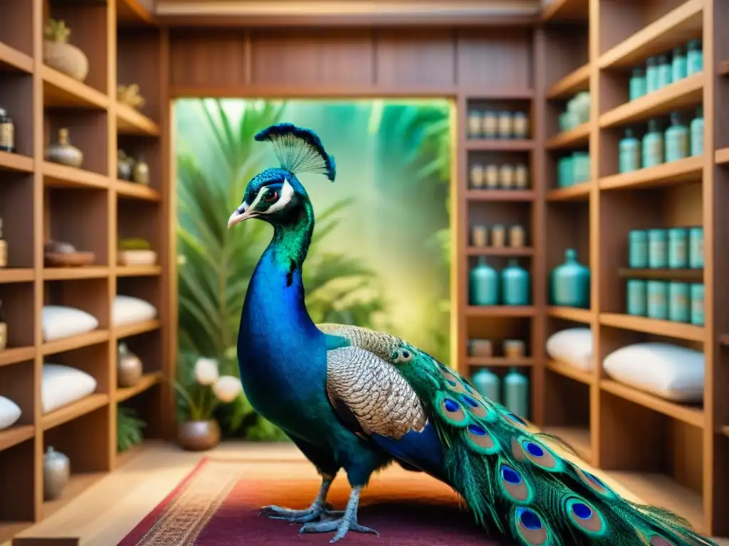 Sala de Ayurveda para mascotas exóticas con masaje de pavo real Un majestuoso pavo real recibe tratamiento ayurveda en una habitación exótica para mascotas