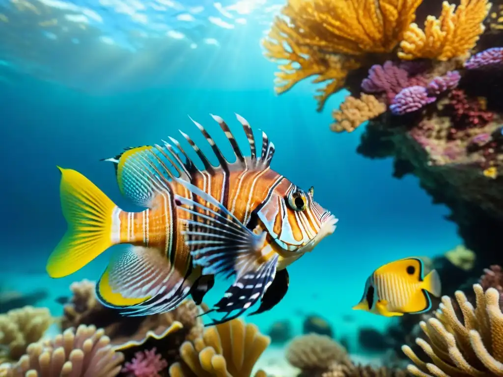 Espléndida escena submarina: león marino en arrecife de coral Un majestuoso pez león nada entre corales coloridos y un grupo de peces ángel y neón en un vibrante arrecife de coral