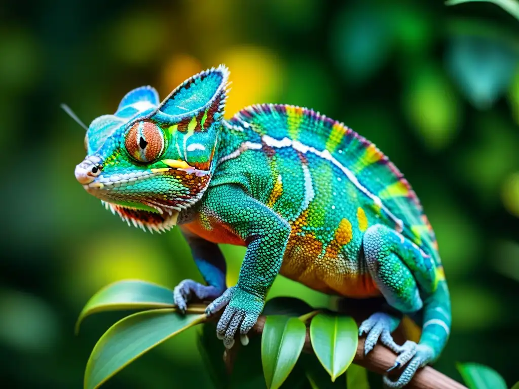 Camaleón pantera: belleza exótica en la selva Un camaleón pantera majestuoso en una planta tropical vibrante, reflejando colores iridiscentes bajo la luz del sol filtrada
