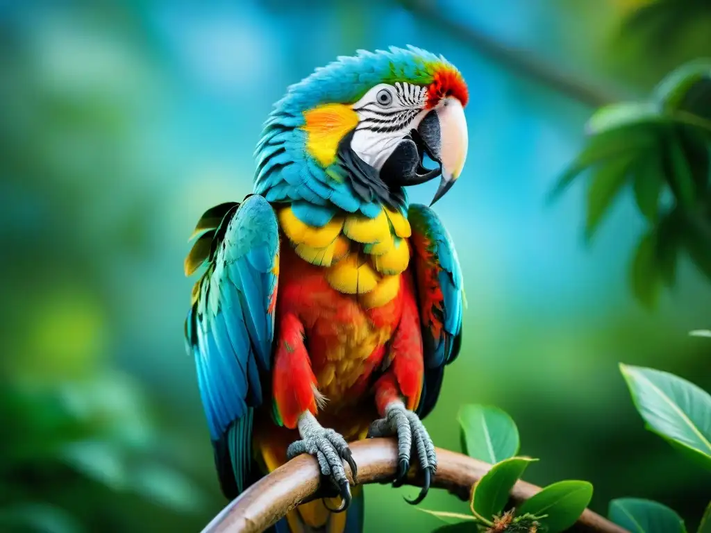 Espléndido guacamayo arcoíris en la selva tropical Un majestuoso guacamayo arcoíris posado en una rama verde, con plumaje resplandeciente al sol, observando el horizonte en la selva tropical