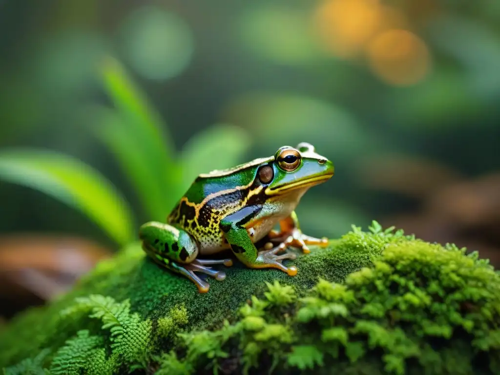 Espléndido anfibio verde en la selva tropical Un majestuoso sapo toro verde reposa en una roca cubierta de musgo bajo la cálida luz del sol en la exuberante selva tropical