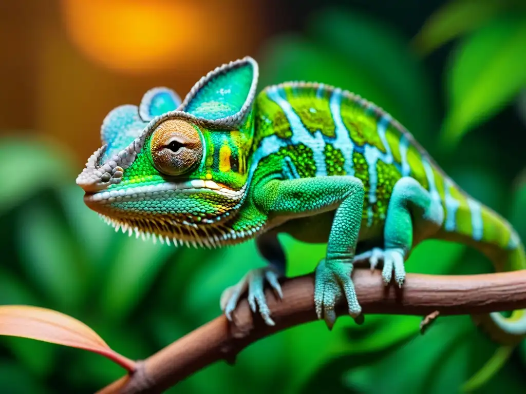 Chamaleón dormido: detalle fotorealista en terrario tropical Un camaleón majestuoso durmiendo plácidamente en un terrario tropical, mostrando sus vibrantes colores y patrones