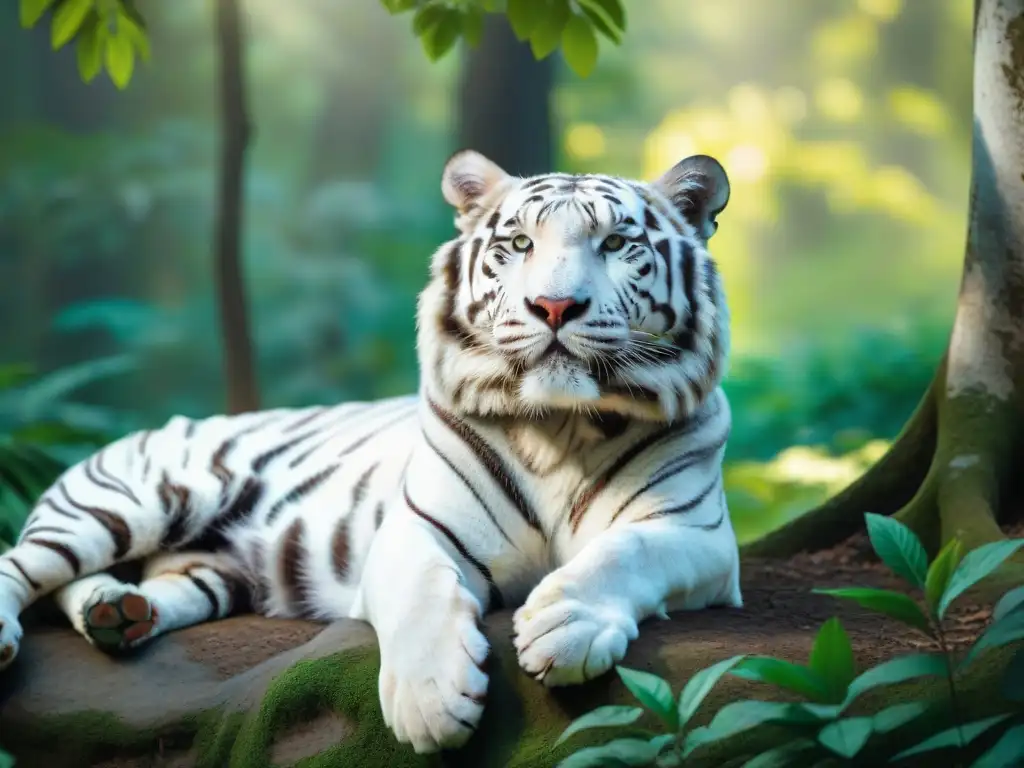 Esplendor felino: un majestuoso tigre de Bengala blanco en la selva Un majestuoso tigre de Bengala blanco descansando en la selva, con luz filtrada entre los árboles