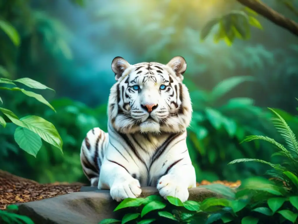 Un majestuoso tigre de Bengala blanco descansando en la exuberante jungla, con sus ojos azules transmitiendo calma y poder